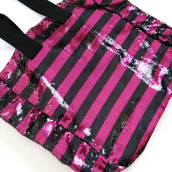 VS PINK Bling Stripe Tote Bag Logo Patch sequins - Picture 5 of 10